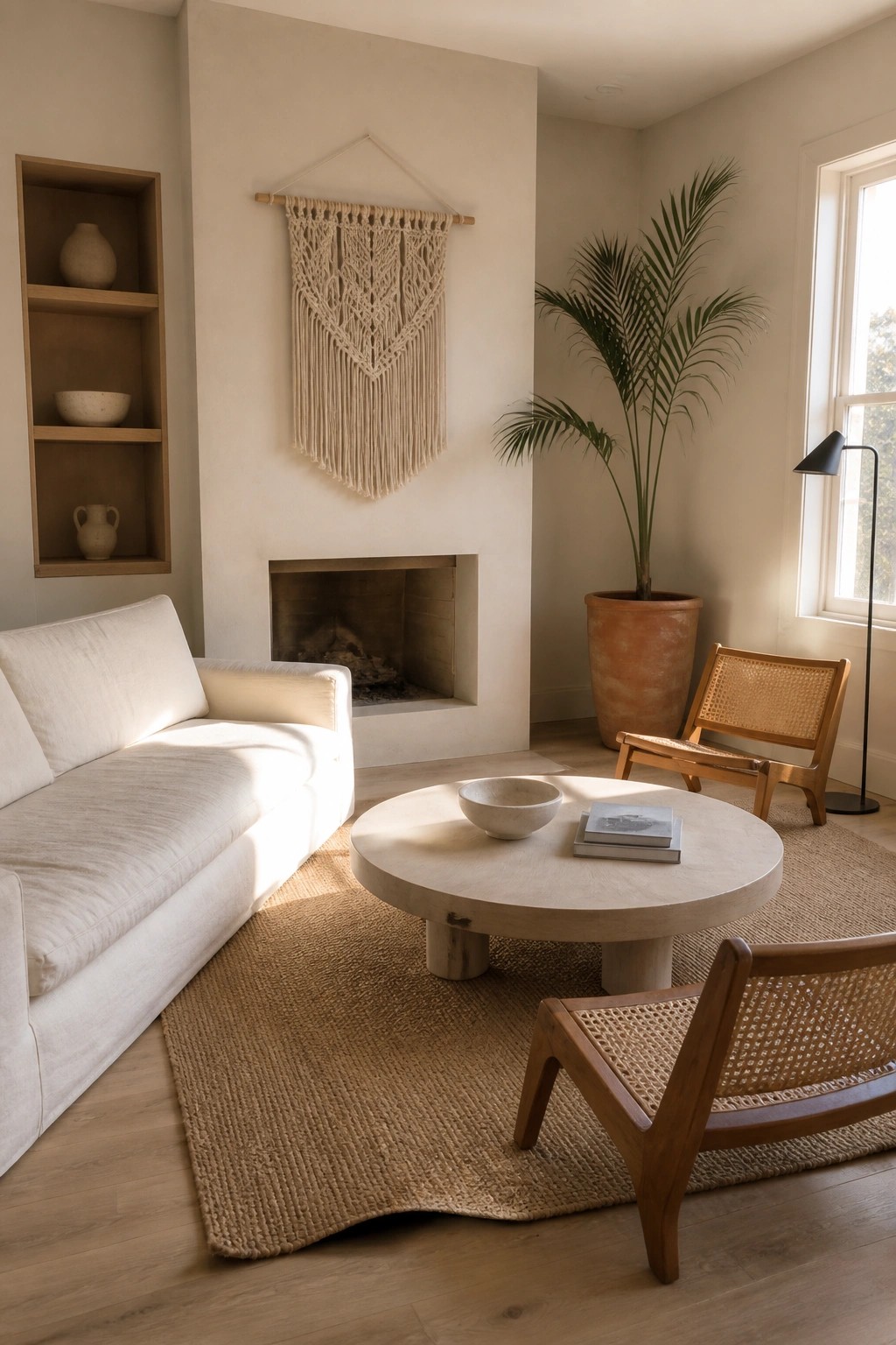 Minimalist living room with white sofa, round table, macrame art, and woven chairs.