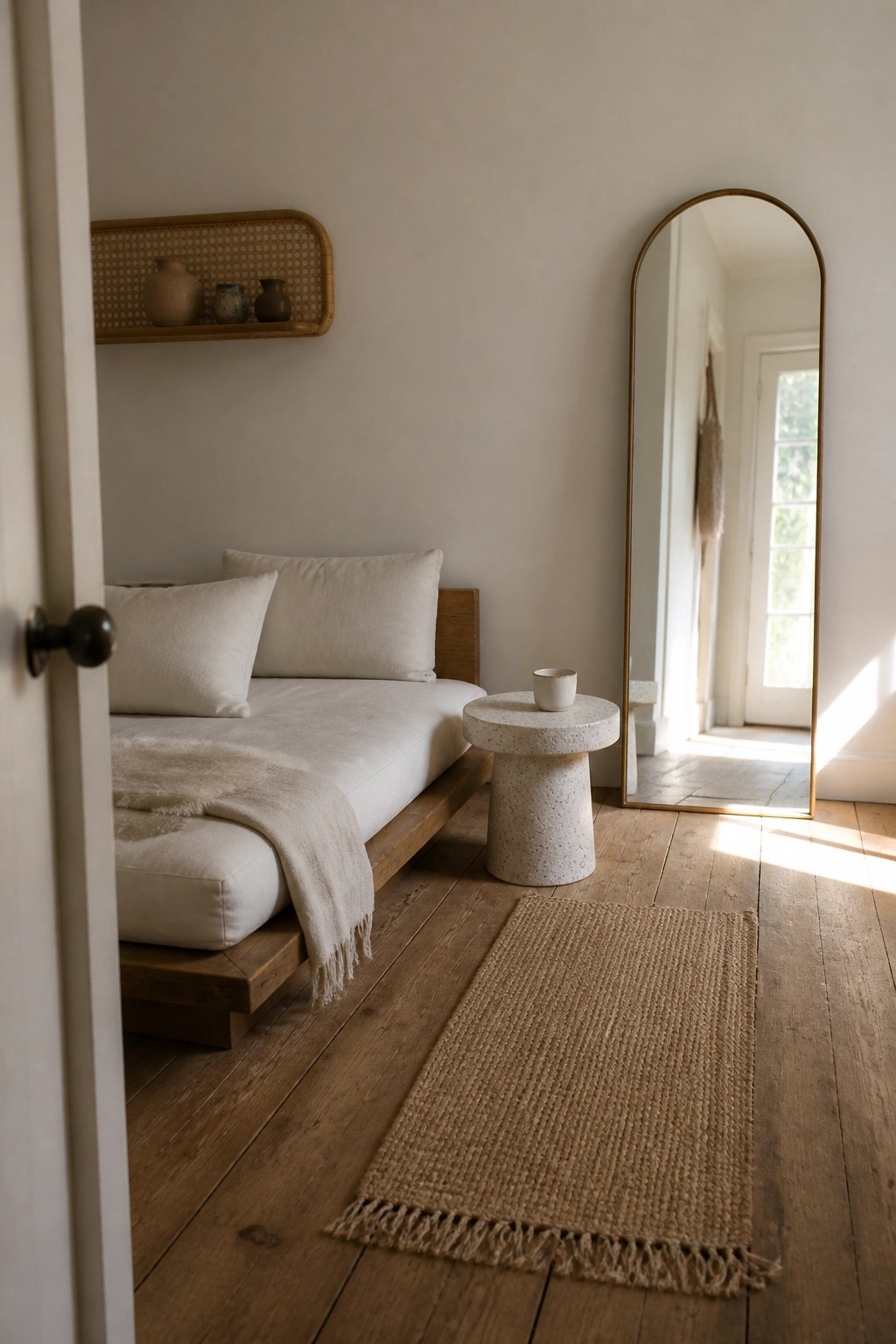 Minimalist bedroom with low wood bed, white linens, terrazzo table, arched mirror, and jute rug.