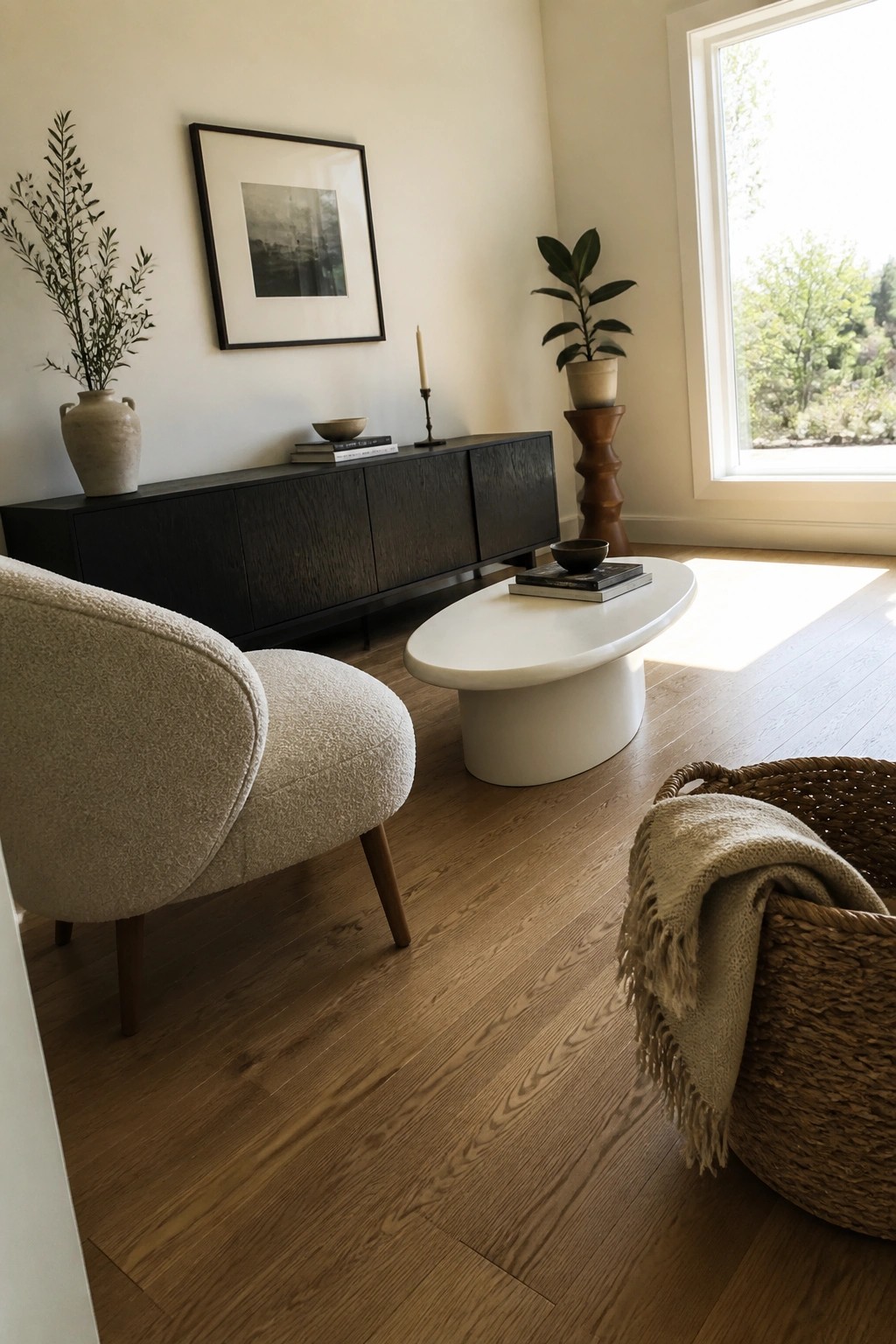 A minimalist living room featuring a dark wood sideboard, a white oval coffee table with a few books, a beige boucle chair, and a large window on the right.