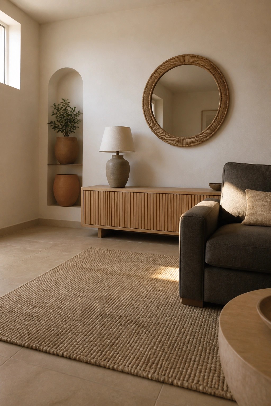 Modern living room with ribbed wood console, round woven mirror, terracotta pots, and jute rug.
