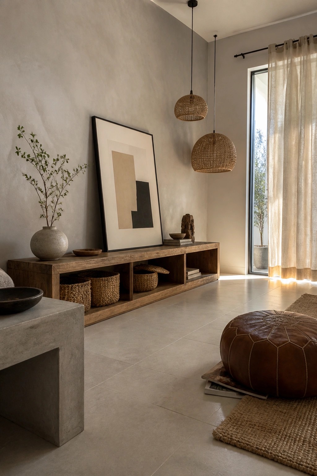 A minimalist living room featuring a long wooden console with woven baskets in its open shelves, a large abstract artwork leaning against the wall, and a brown leather pouf on a woven rug.