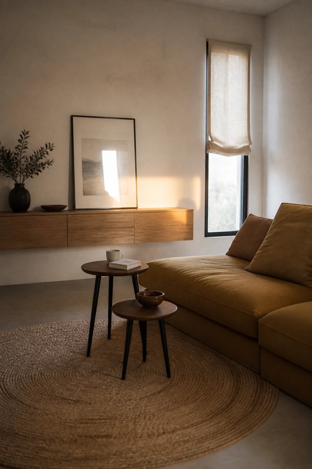 A living room interior showing a mustard yellow sofa on a round woven rug, a floating wooden console on the wall with a framed artwork above it, and two small round wooden side tables.