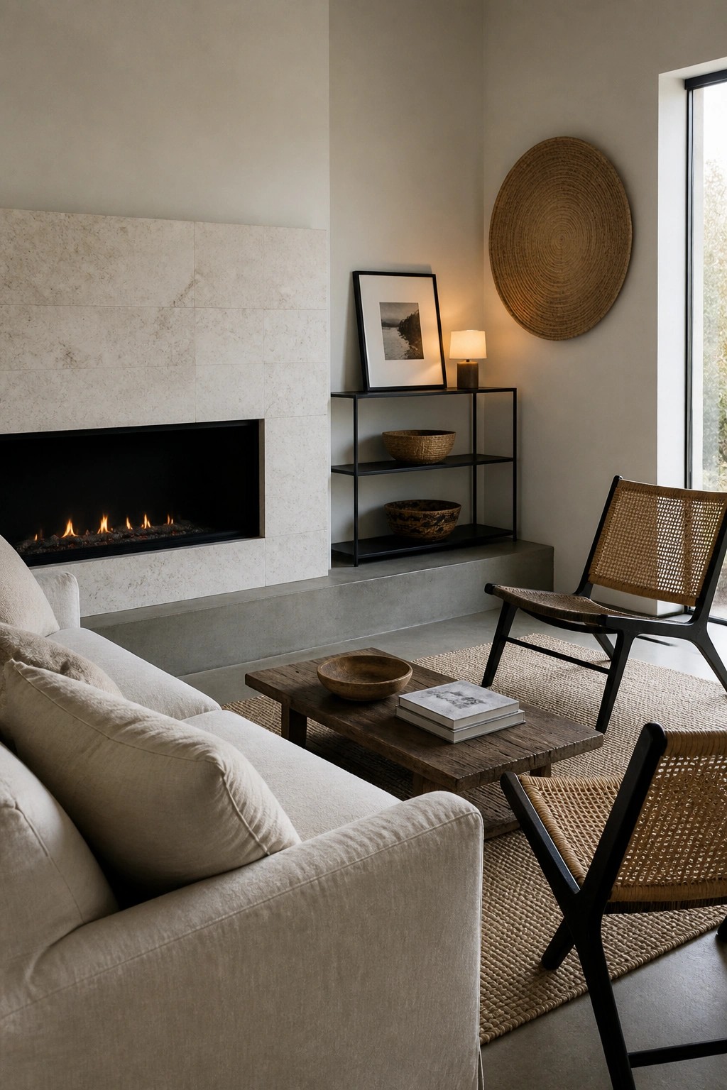 A minimalist living room featuring a beige sofa, wooden coffee table with books and a bowl, two woven chairs on a jute rug, a built-in fireplace, and a black metal shelving unit with baskets and framed art.