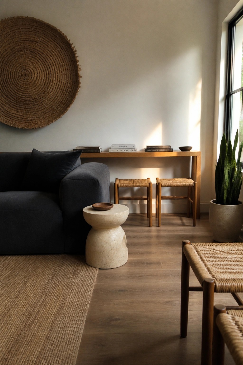 A minimalist living room showing a dark sofa, a light wood console table with a few stacked books and a small bowl, two woven stools tucked underneath, a stone side table, and a potted snake plant near a window.
