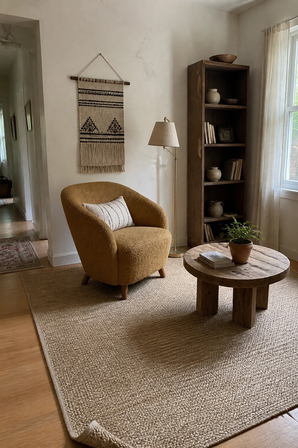 A living room with a large beige woven rug covering most of the wood floor, a mustard armchair with a striped pillow, a round wood coffee table, and a tall wooden bookshelf against a white wall.