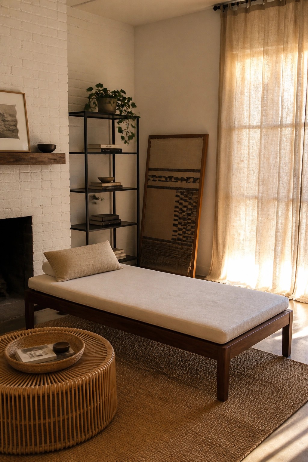 Minimalist wooden daybed on jute rug in sunlit room with woven hanging and brick fireplace