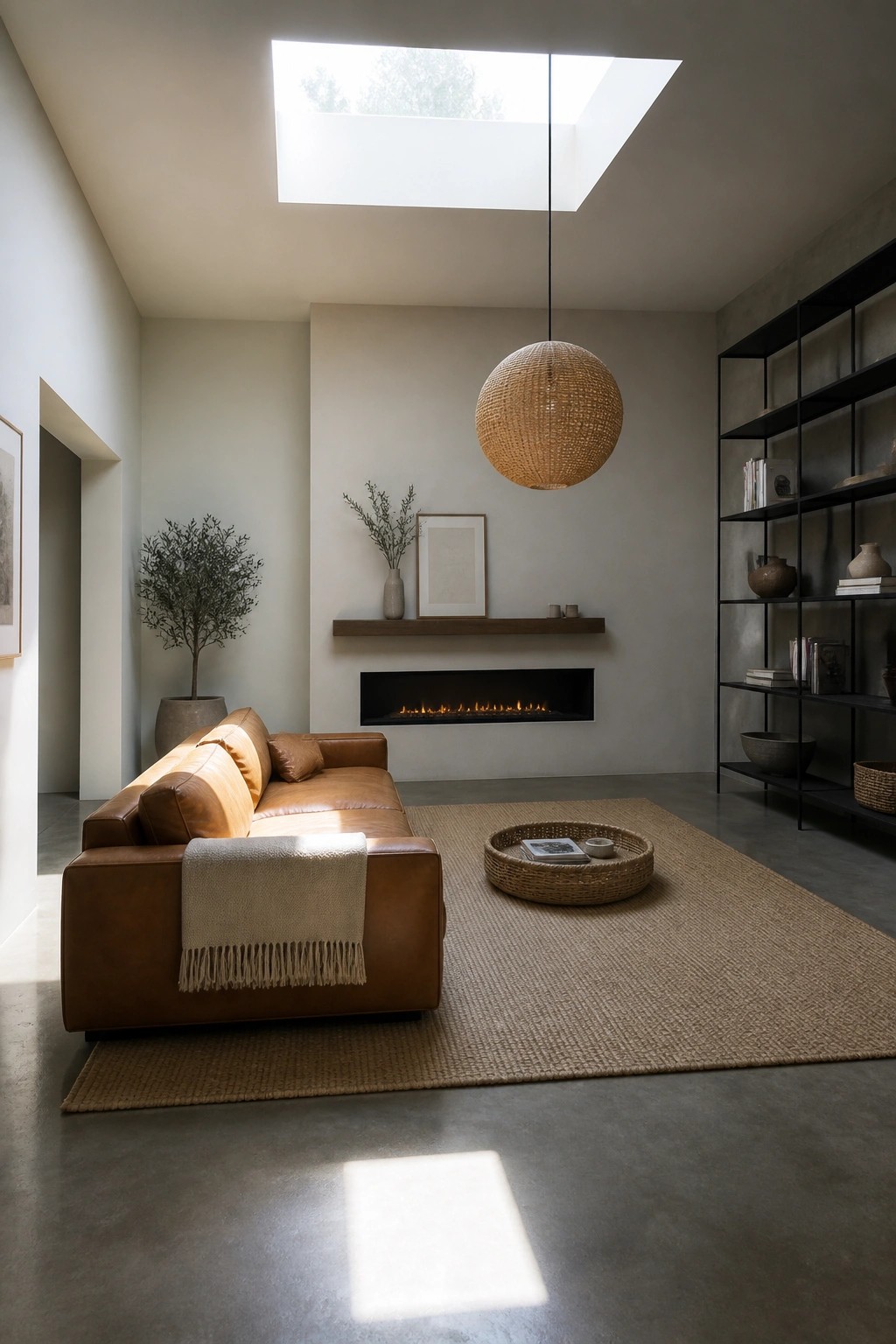 A minimalist living room features a brown leather sofa on a large jute rug, a woven pendant light hanging from the ceiling, a built-in fireplace with a floating shelf above it, and black open shelving along the right wall.