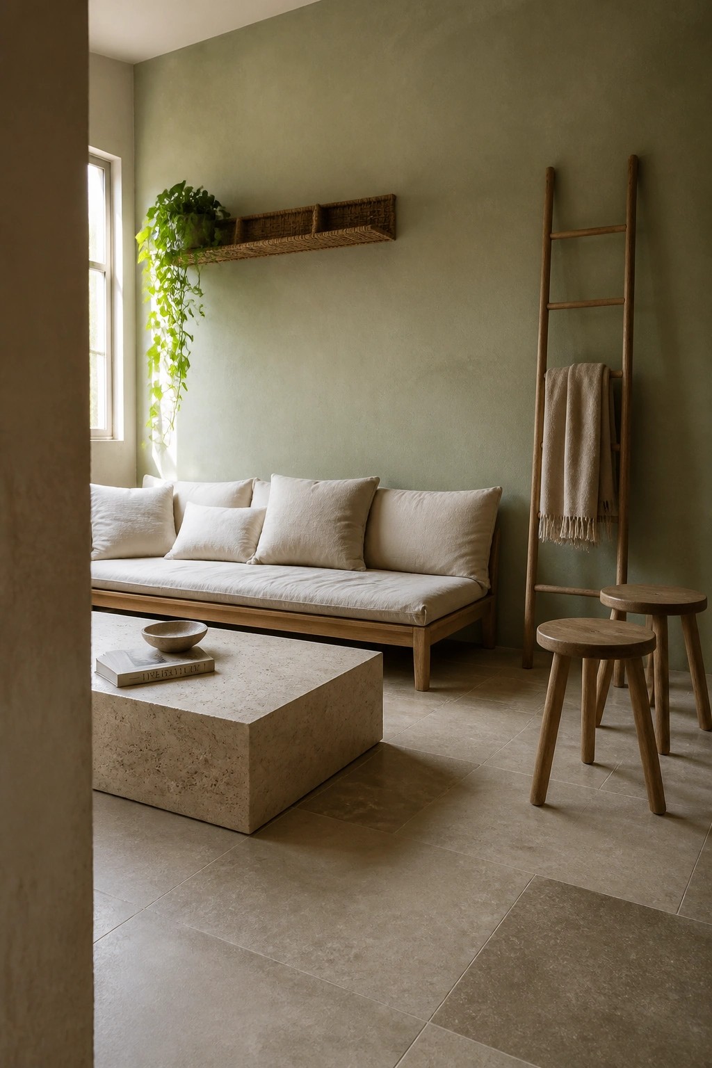 A minimalist living room featuring a low wooden sofa with white cushions against a muted green wall, a stone coffee table in front, and two wooden stools beside a leaning ladder.