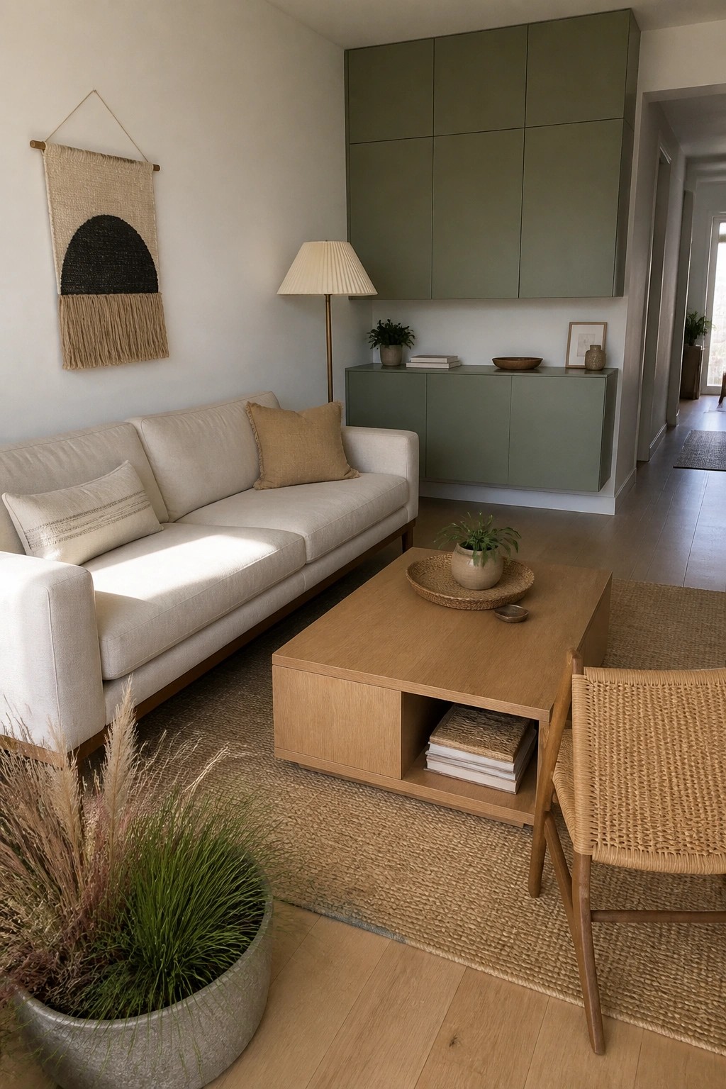 A living room with a light sofa, wooden coffee table on a jute rug, green built-in cabinets along one wall, and a woven hanging above the sofa.