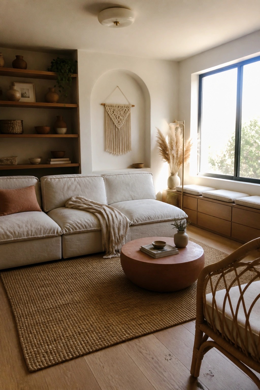 Cozy living room with white sofa, terracotta table, jute rug, wooden shelves, and macrame art.