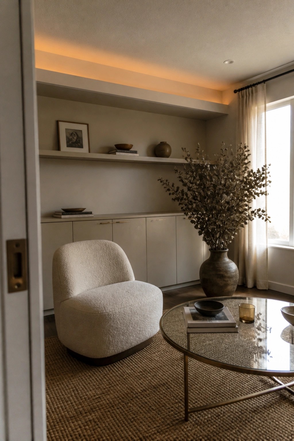 A minimalist living room interior showing a white bouclé armchair on a jute rug, a round glass coffee table, built-in floating shelves above low beige cabinets, and a large ceramic vase with dried branches beside a window.