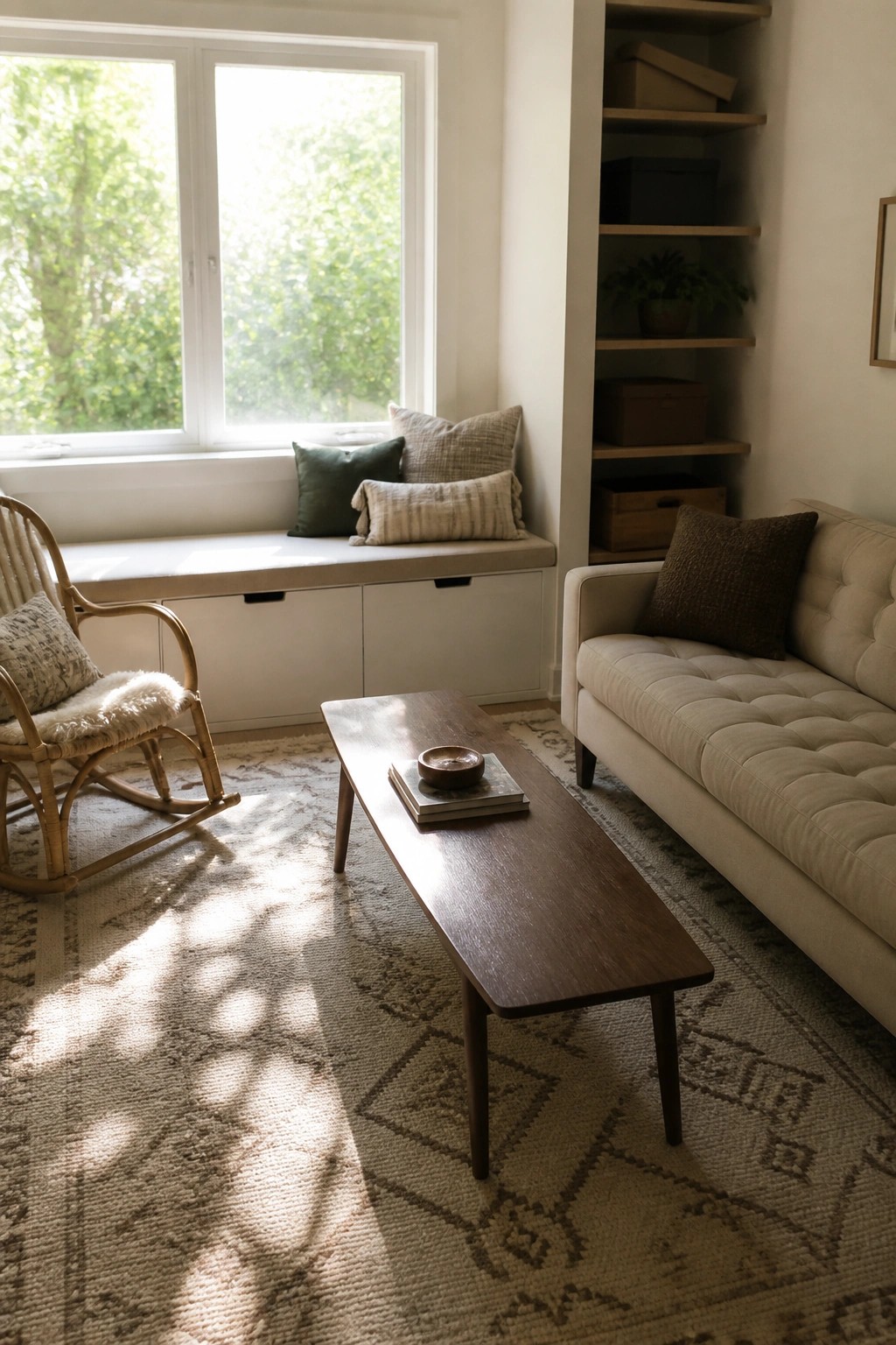 A living room with a built-in window seat under large windows, storage drawers below, a wooden coffee table on a patterned rug, a light sofa, and a rattan rocking chair.