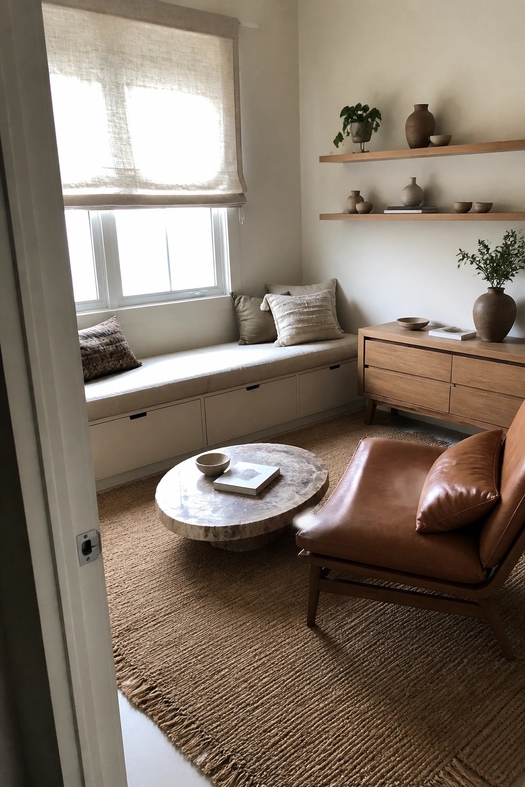 A minimalist living room featuring a built-in window bench with storage drawers, a round stone coffee table, a brown leather chair, and floating wooden shelves with pottery.