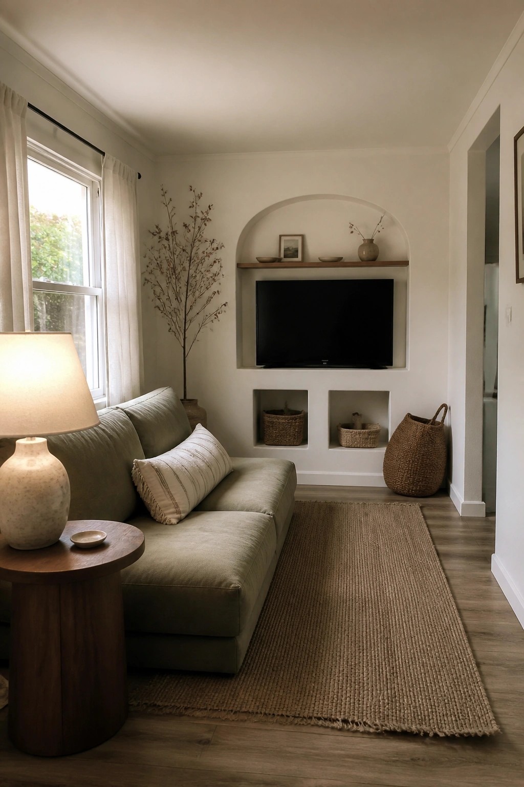 A living room with a sage green sectional sofa, wooden side table with lamp, built-in TV alcove with arched top and two lower niches holding baskets, and a large jute rug on wood flooring.