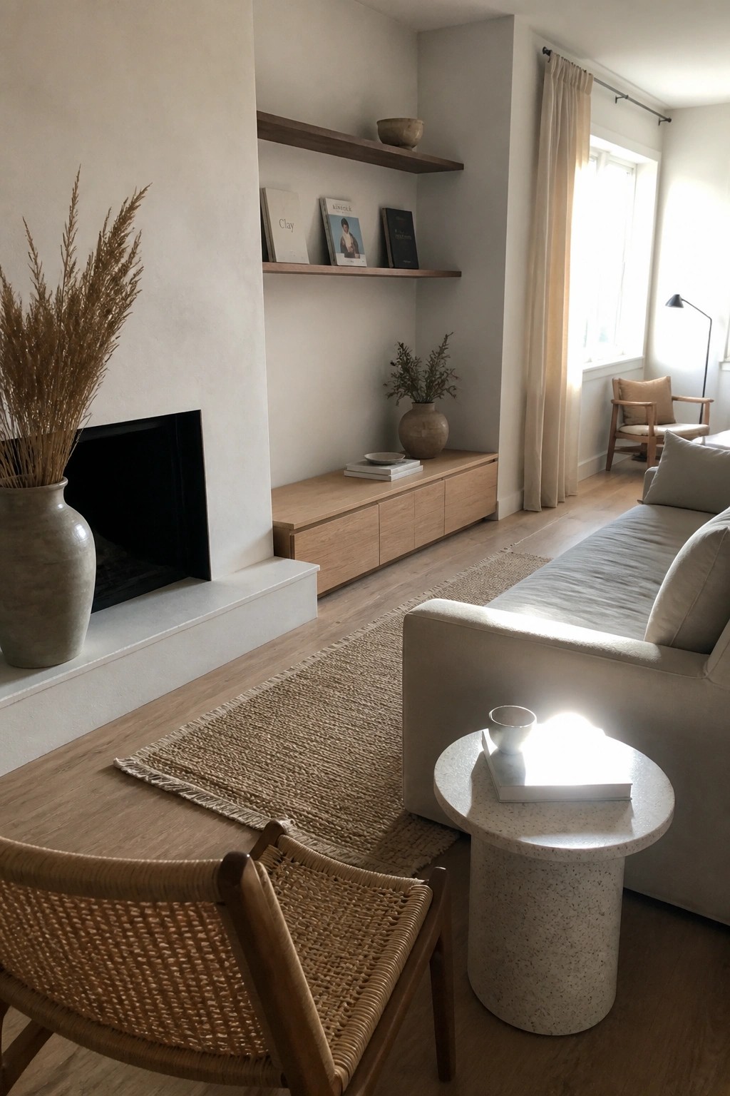 A living room interior showing a built-in light wood storage cabinet beneath two floating shelves, next to a fireplace with a large vase of dried grass.