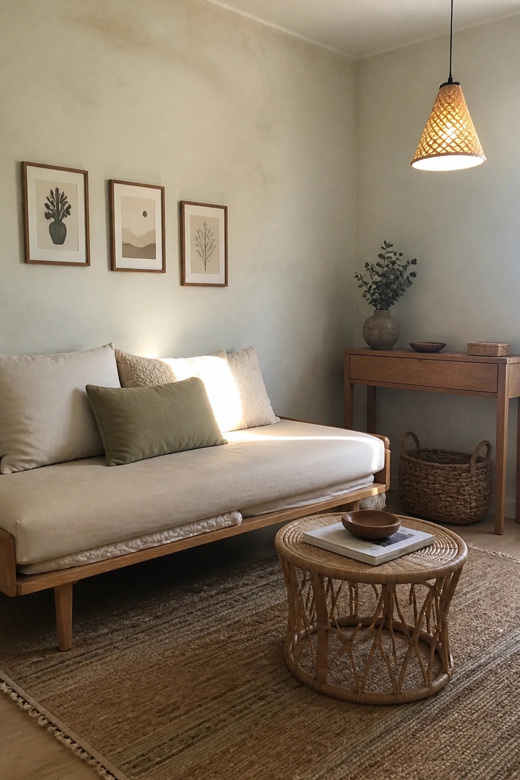 A light-filled living room featuring a wooden daybed with neutral cushions against a pale green wall, three framed botanical prints above it, a round woven coffee table on a jute rug, and a wooden console with a vase of greenery.