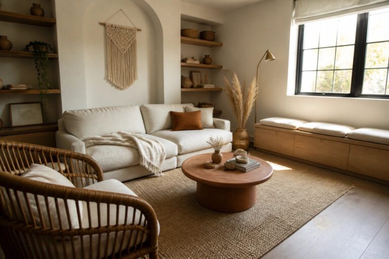 18 Minimalist Cozy Boho Living Room Ideas Designed for Low-Clutter Spaces Cozy living room with white sofa, terracotta table, jute rug, wooden shelves, and macrame art.