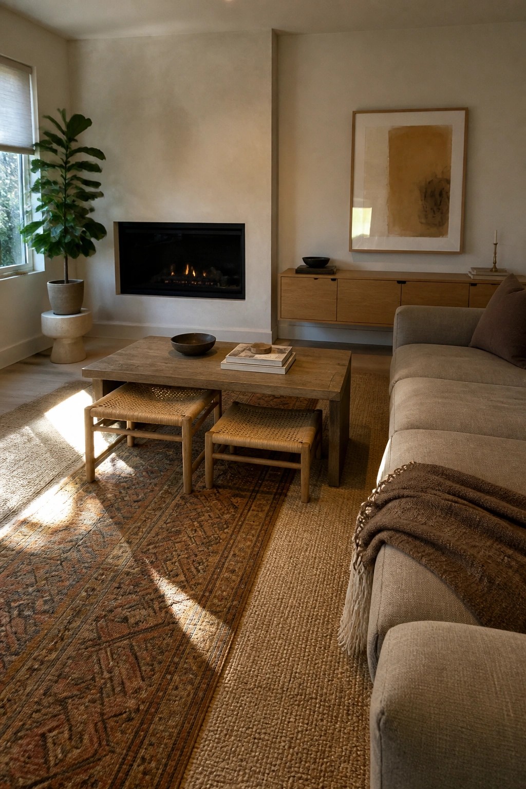 A minimalist living room with a patterned rug layered over a jute rug, a wooden coffee table with two woven stools, a beige sectional sofa, and a fireplace set into a plain wall.