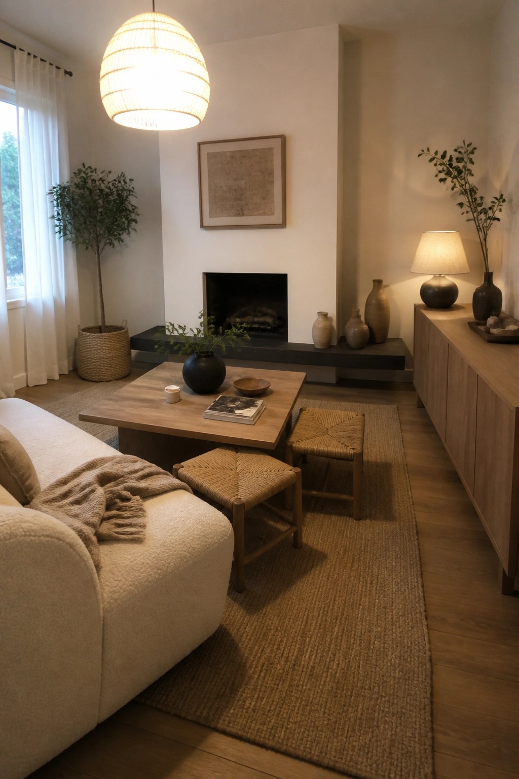 A living room featuring a low wooden coffee table with two woven stools tucked underneath, a white sofa, a large area rug, and a fireplace with a low dark shelf holding several ceramic vases.