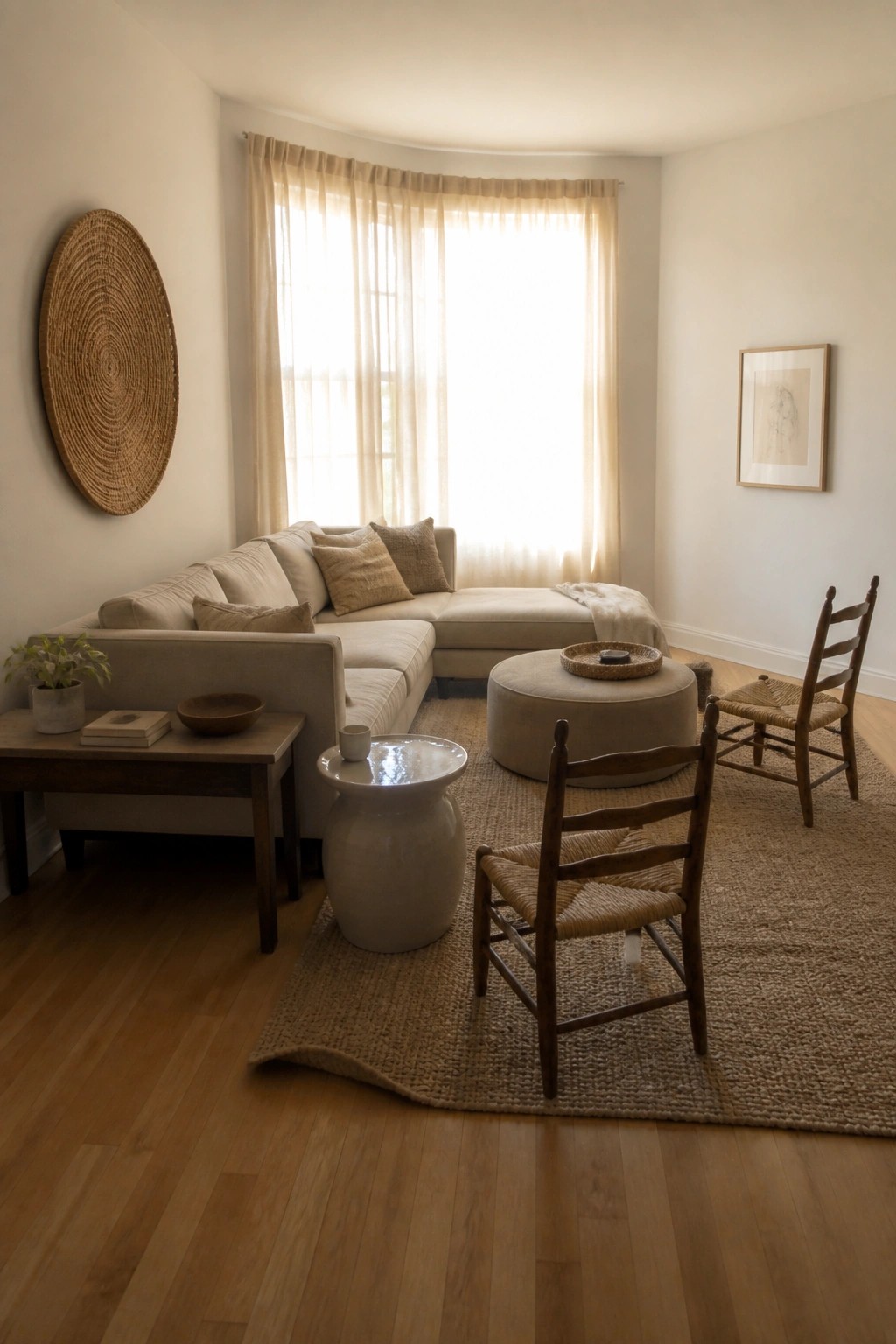 Bright living room with beige sectional sofa, wooden chairs, round ottoman, and jute rug.