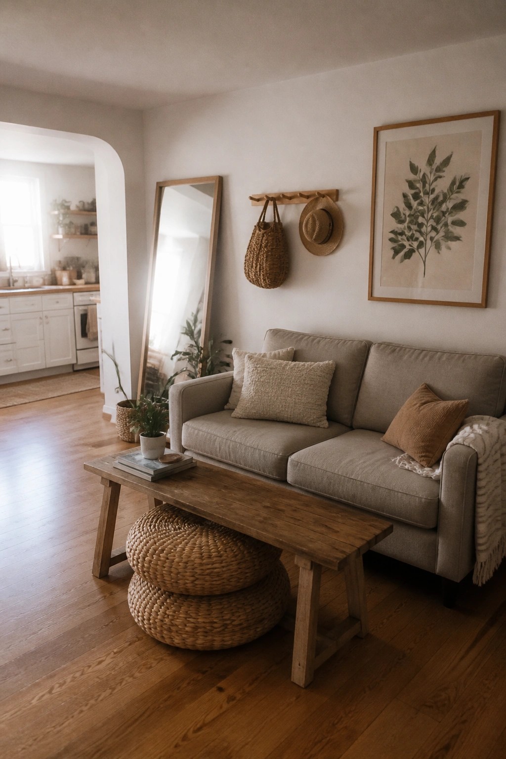 A living room with a beige sofa, wooden bench coffee table, stacked woven poufs underneath, and a large leaning mirror on a light wall.