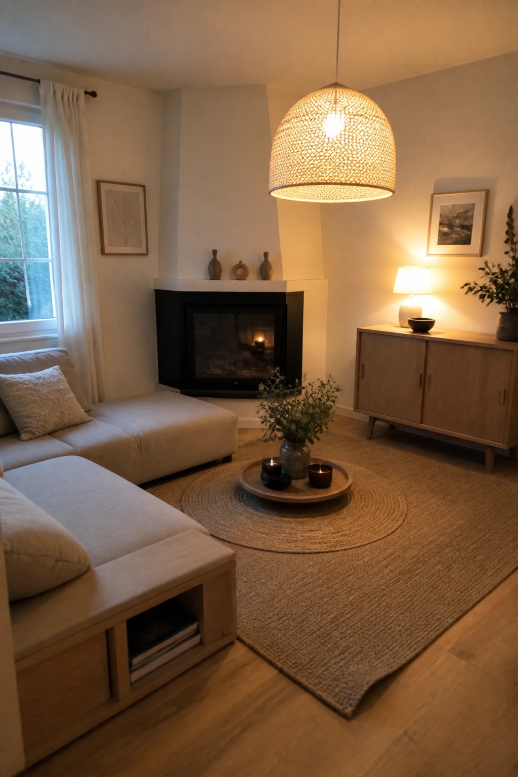 A minimalist living room featuring a low beige sectional sofa with open wood storage cubbies, a round tray coffee table on a jute rug, a black fireplace, and a large woven pendant light.