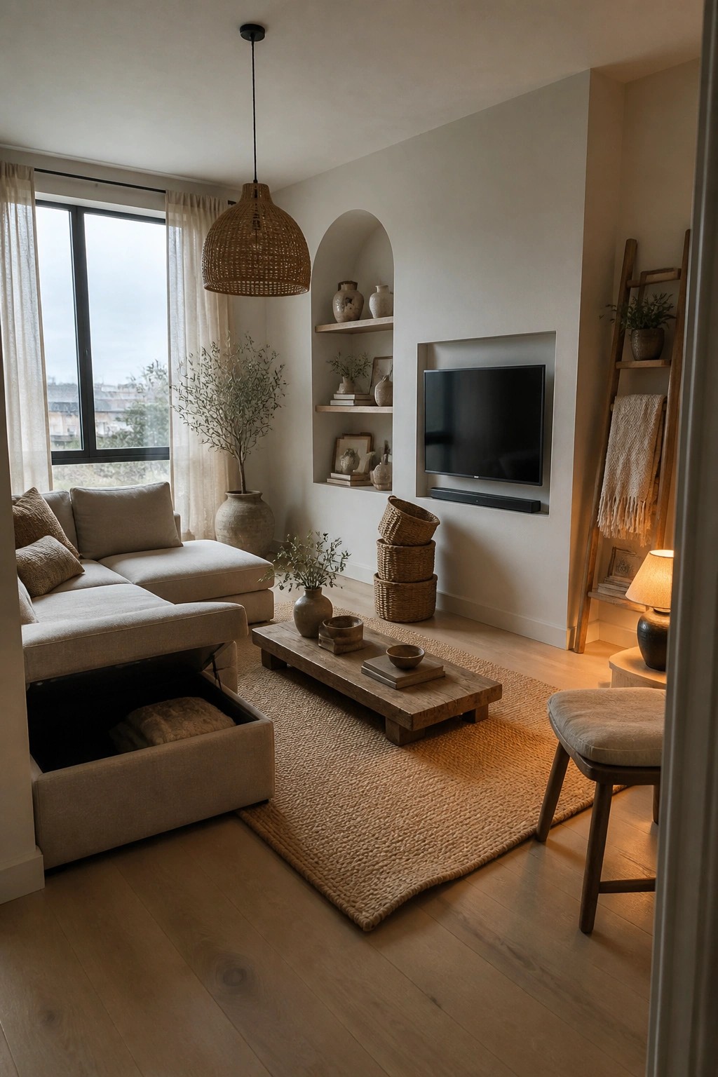 Neutral living room with beige sofa, wooden coffee table, arched shelves, and woven accents.