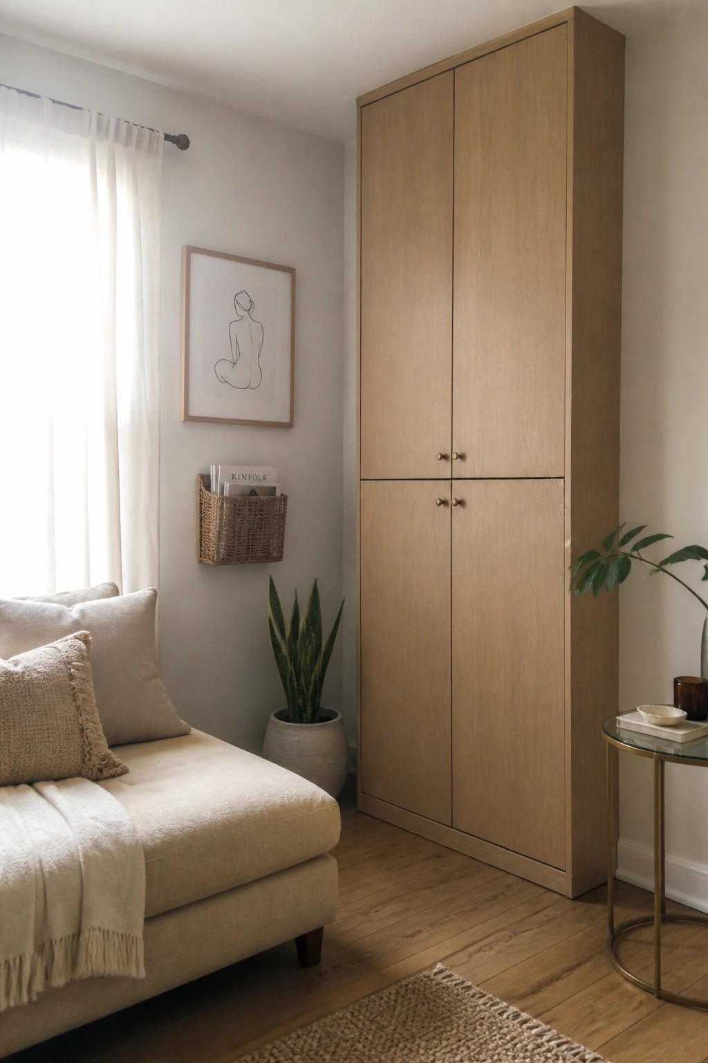 A light-filled living room corner showing a beige sofa, a tall light wood storage cabinet with four doors, a snake plant in a pot, and a framed line drawing on the wall.