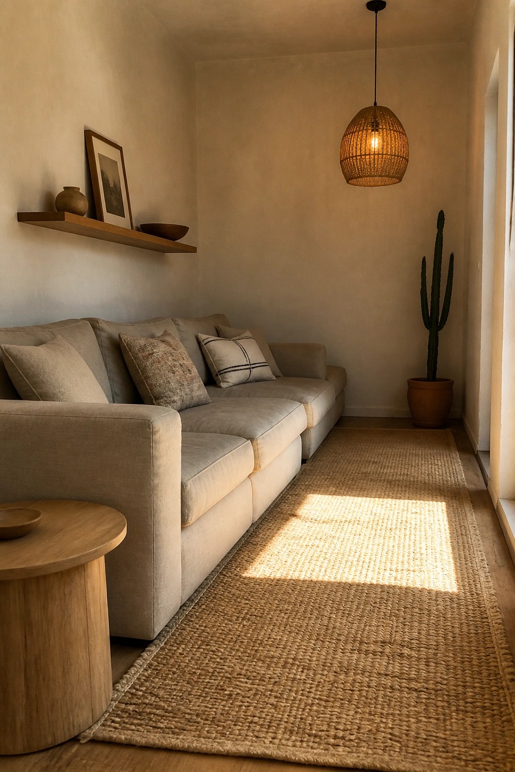 Beige sectional sofa on jute rug with sunlight, wicker pendant light, and cactus