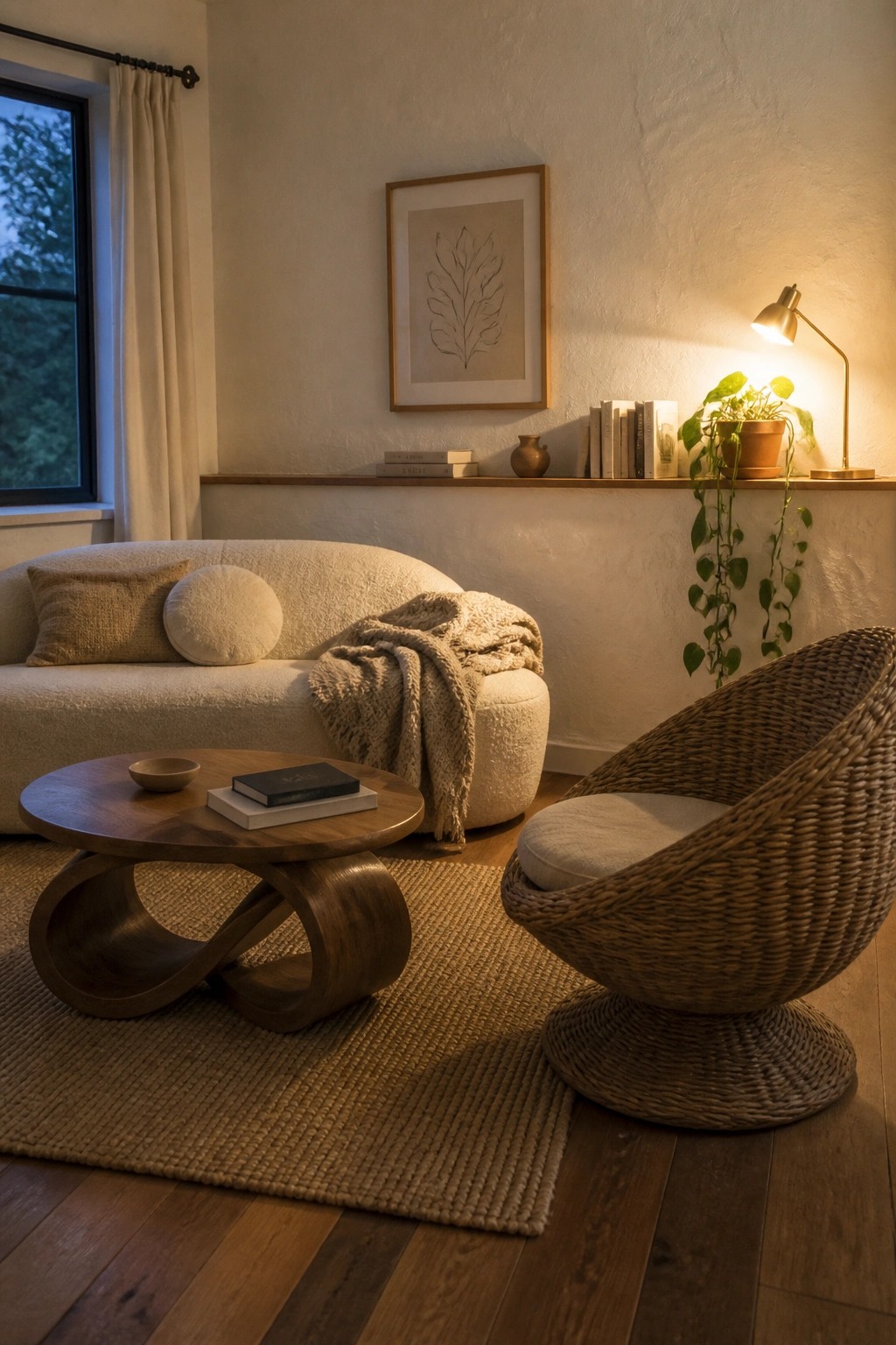A living room with a curved sofa, round wooden coffee table, woven chair, and narrow wooden ledge holding books and plants.