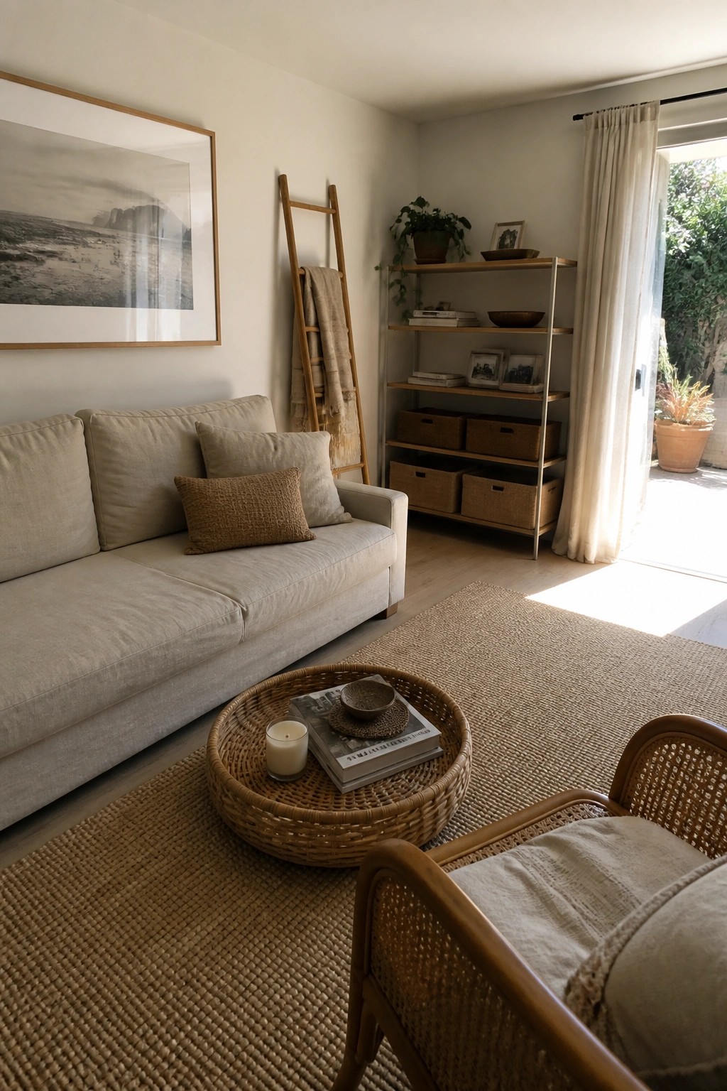 A minimalist living room with a light sofa on a jute rug, a round woven tray table, and tall open shelving holding woven baskets and books.