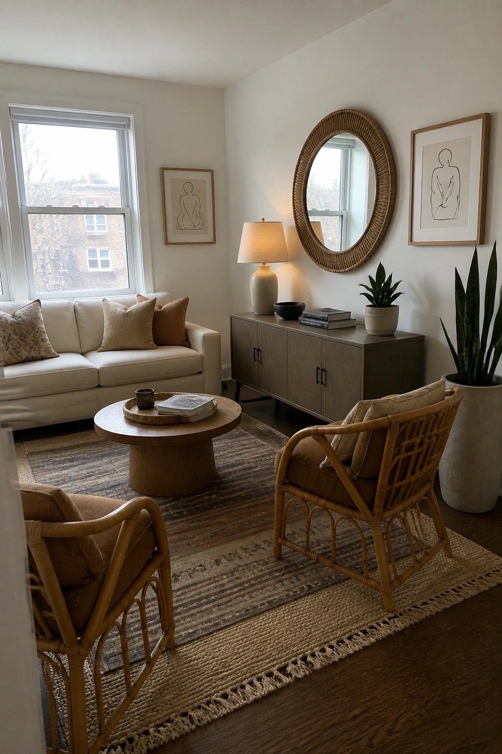A neutral living room featuring a white sofa, round wood coffee table on layered rugs, two rattan armchairs with brown cushions, a gray console table, round woven mirror, and framed line art on the walls.