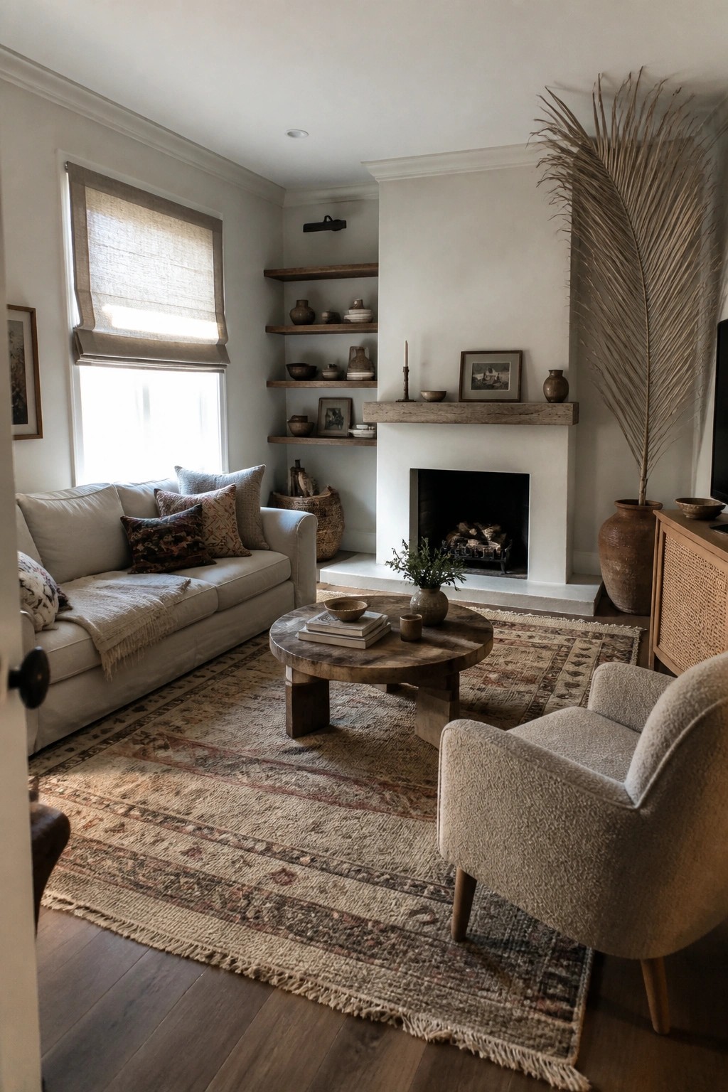 A neutral-toned living room featuring a large patterned area rug under a light sofa, round wooden coffee table, and upholstered armchair, with a white fireplace and open shelves in the background.