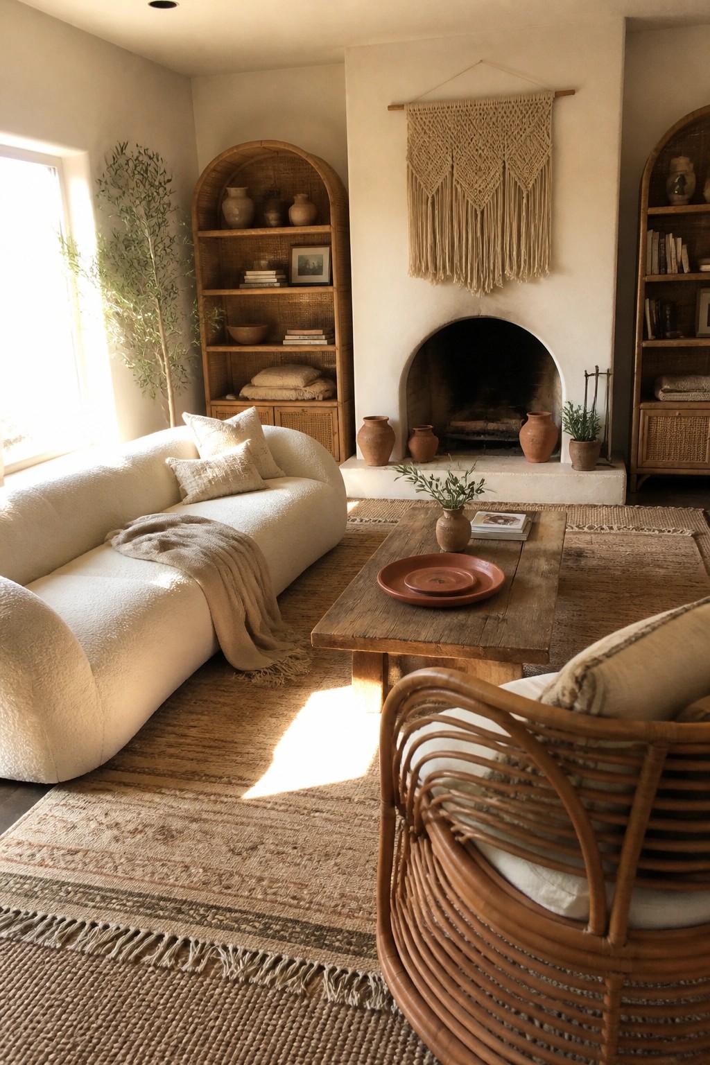 Cozy neutral living room with curved sofa, wooden table, fireplace, and woven rug.
