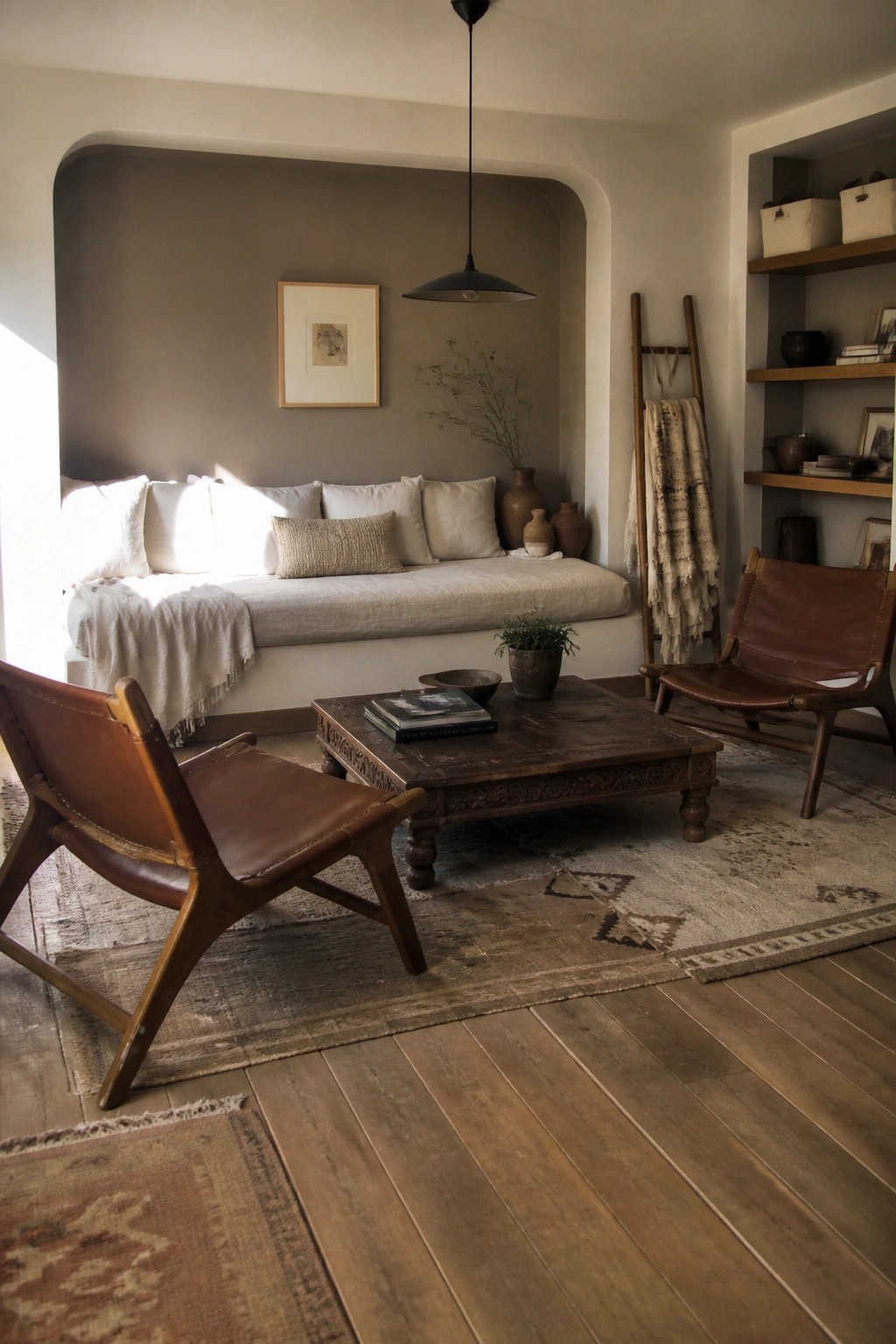 Cozy neutral living room with leather sling chairs, carved coffee table, and built-in bench.