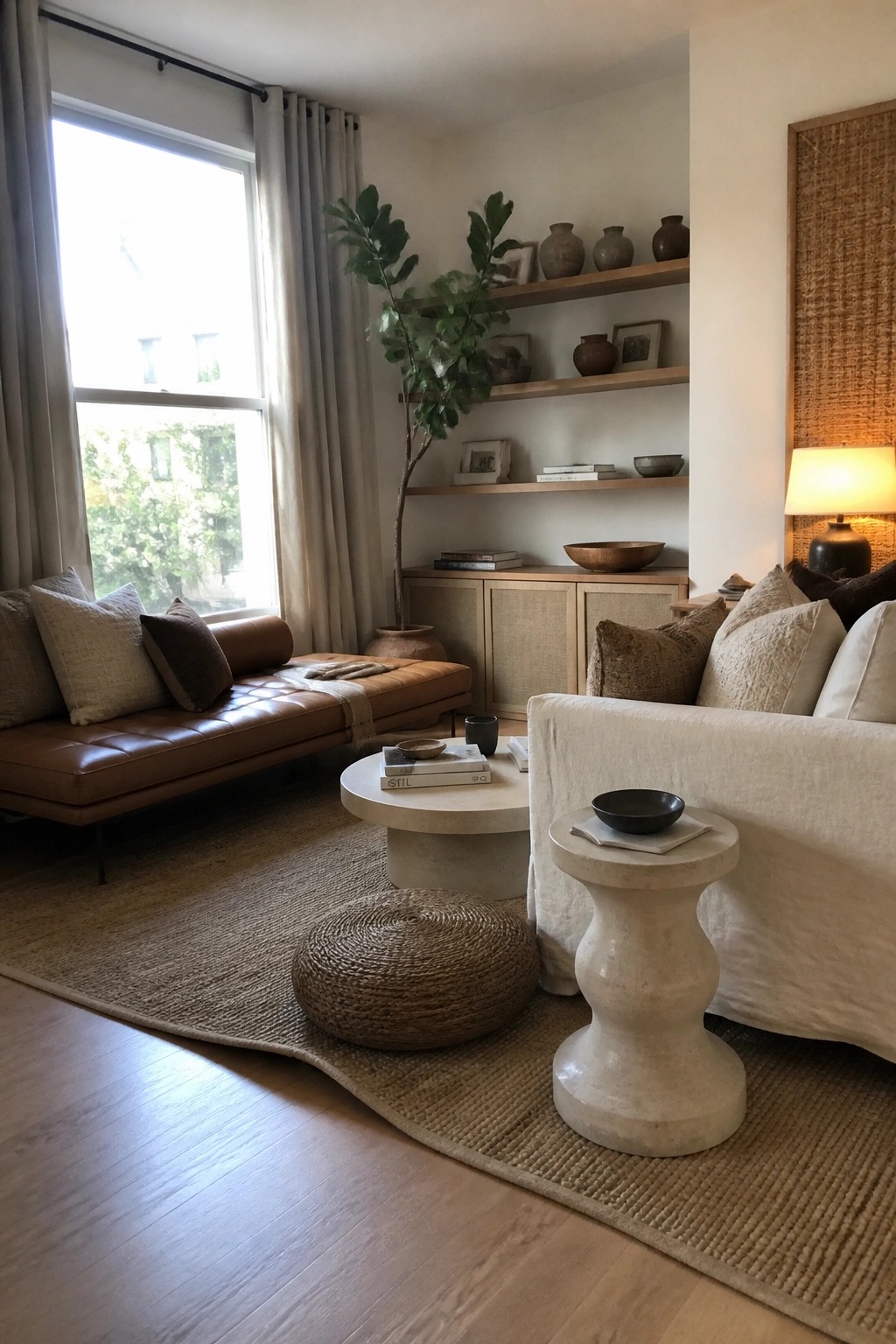 Cozy neutral living room with leather daybed, floating shelves, and round concrete tables.