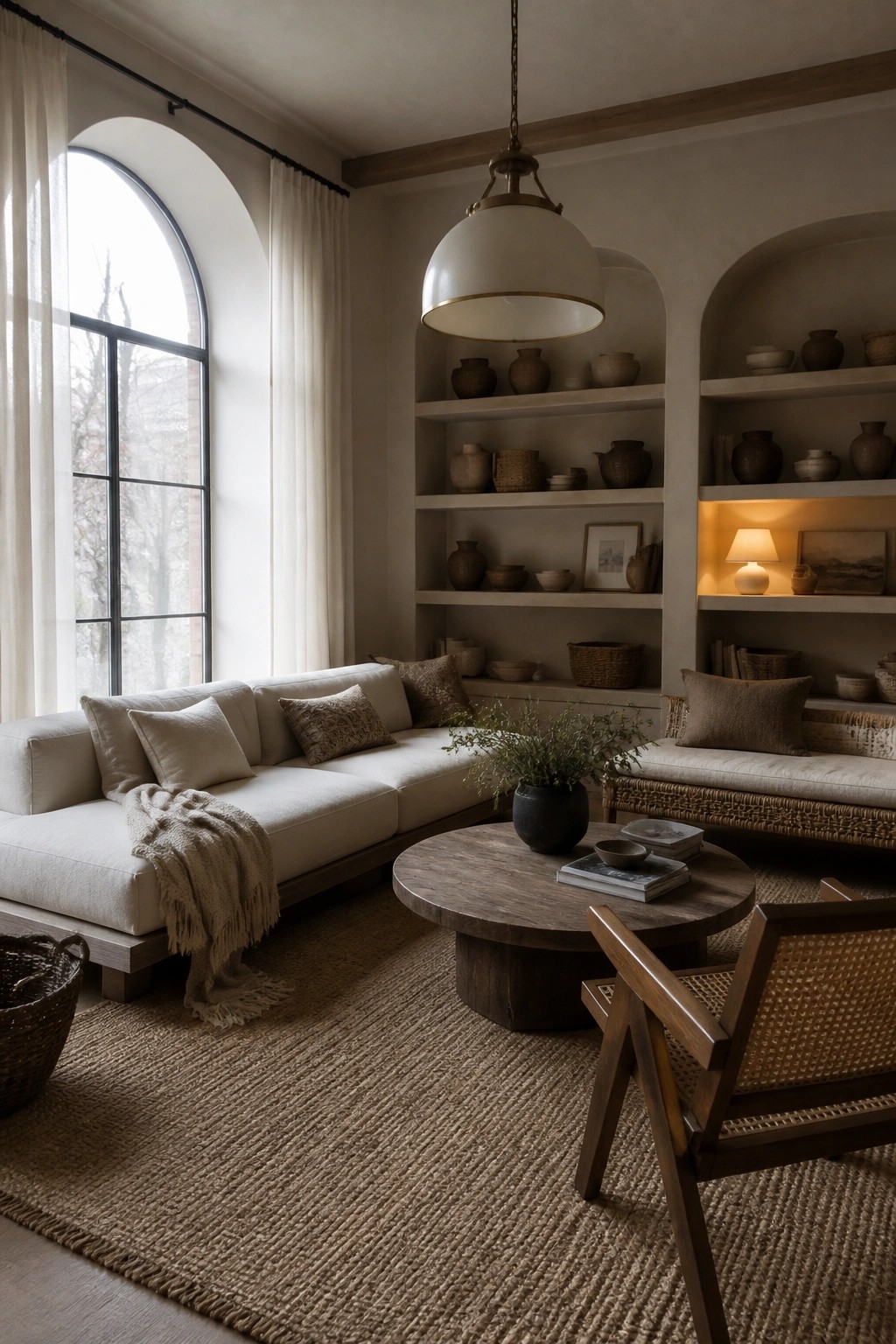 Cozy neutral living room with white sofa, round table, arched shelves, and jute rug.