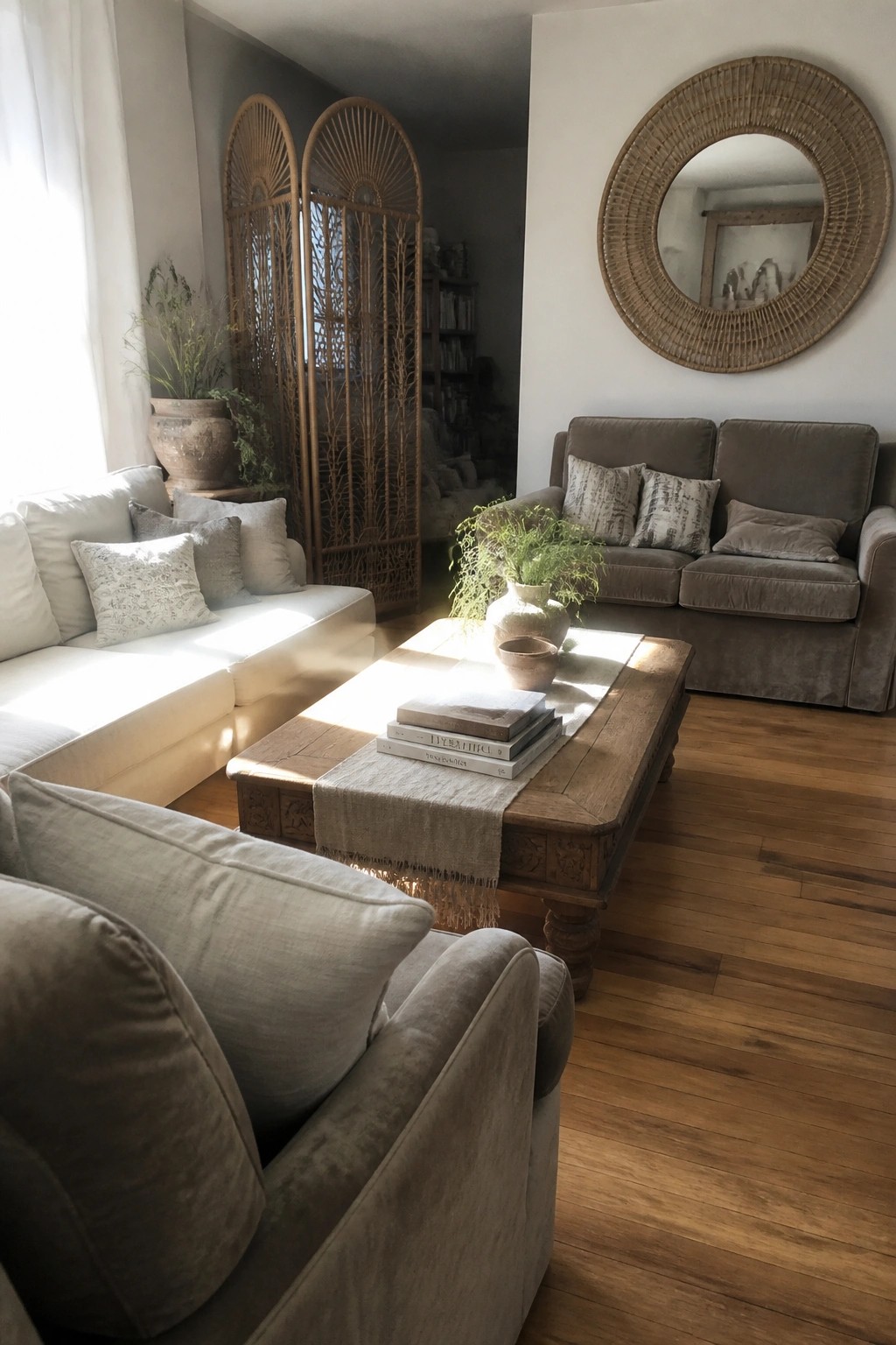 Cozy living room with beige sofas, wooden coffee table, rattan divider, and round mirror.