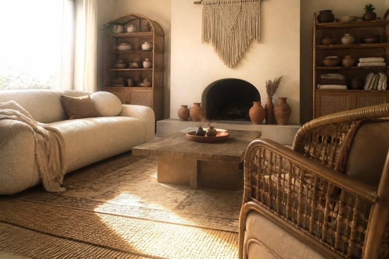 18 Neutral Boho Chic Living Room Ideas in Cream Taupe and Soft Brown Cozy neutral living room with curved sofa, wooden table, fireplace, and woven rug.