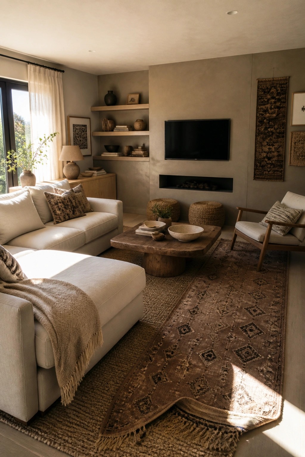 Living room featuring a cream sectional sofa, wooden coffee table, layered patterned and jute rugs, built-in shelves, and a wall-mounted television above a fireplace.