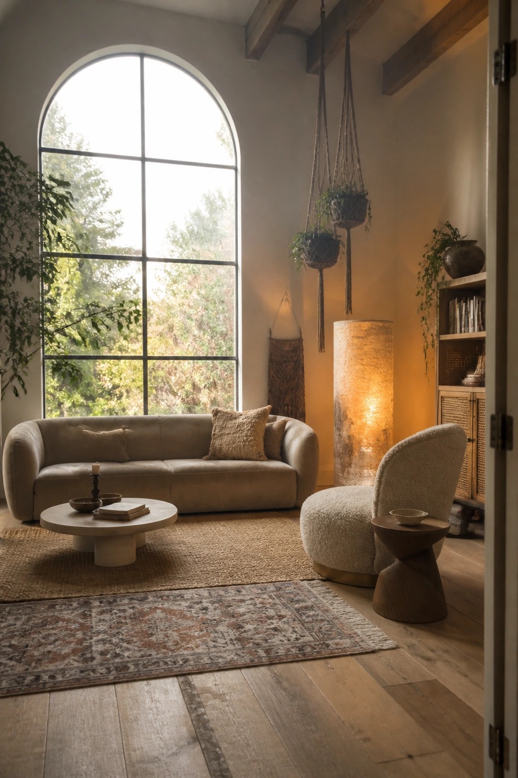 A living room with a large arched window, beige sofa, round coffee table on a jute rug, and a patterned rug layered in front, plus a boucle chair and hanging plants.