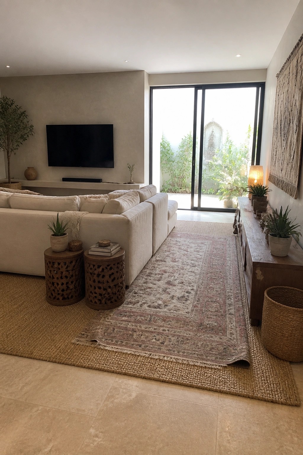 Modern living room with beige sectional sofa, layered rugs, wooden console, and garden view.