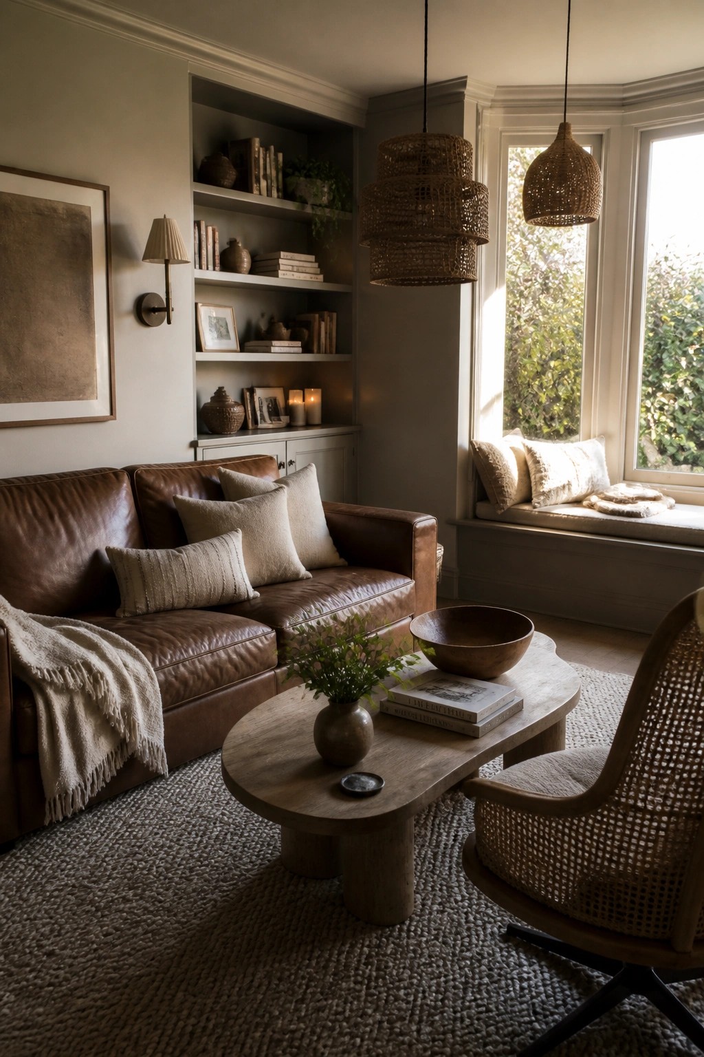 A living room with a brown leather sofa, built-in bookshelves, a wooden coffee table, woven pendant lights, and a window seat with neutral pillows.