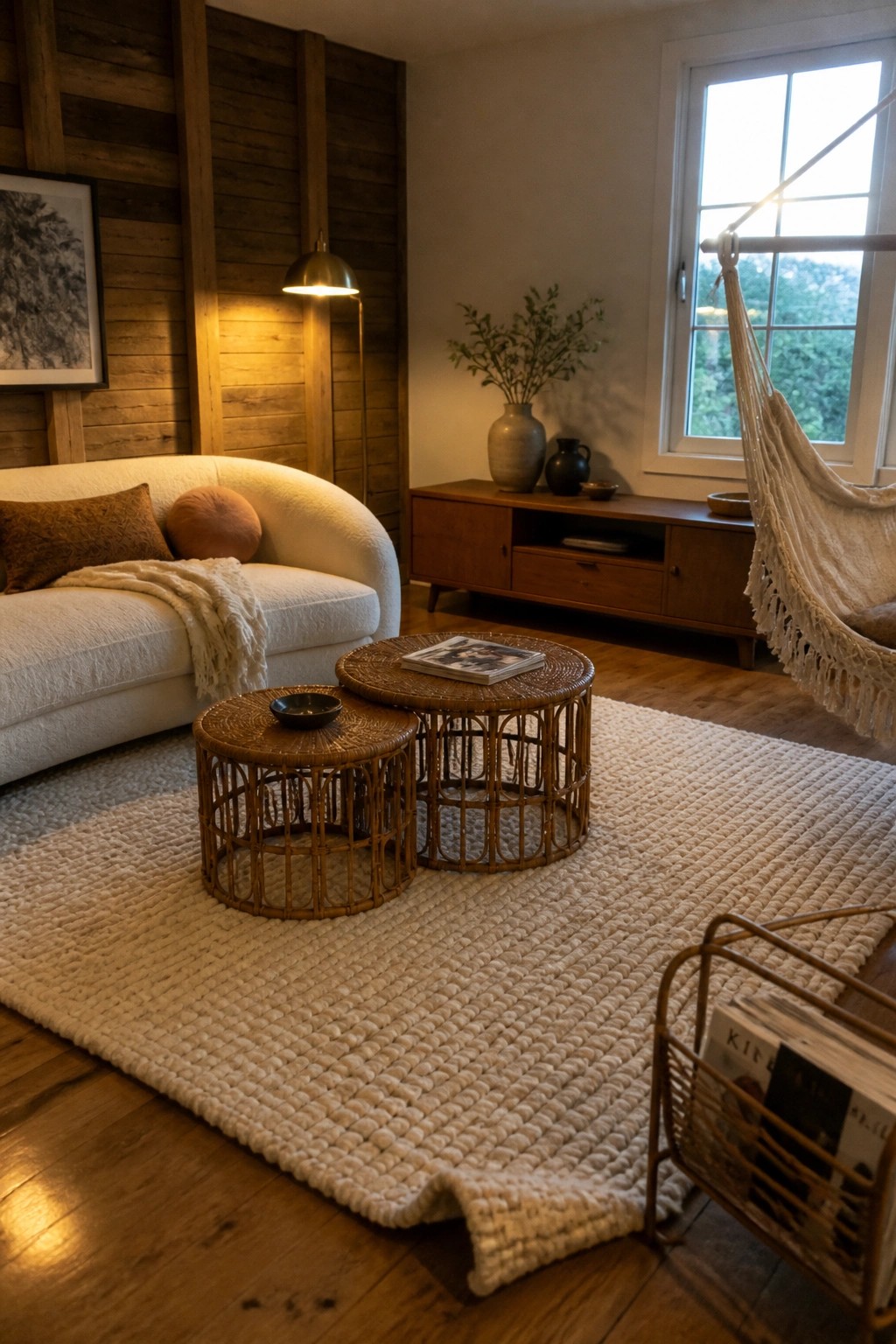 Cozy living room with white sofa, rattan tables on chunky rug, and hanging chair.