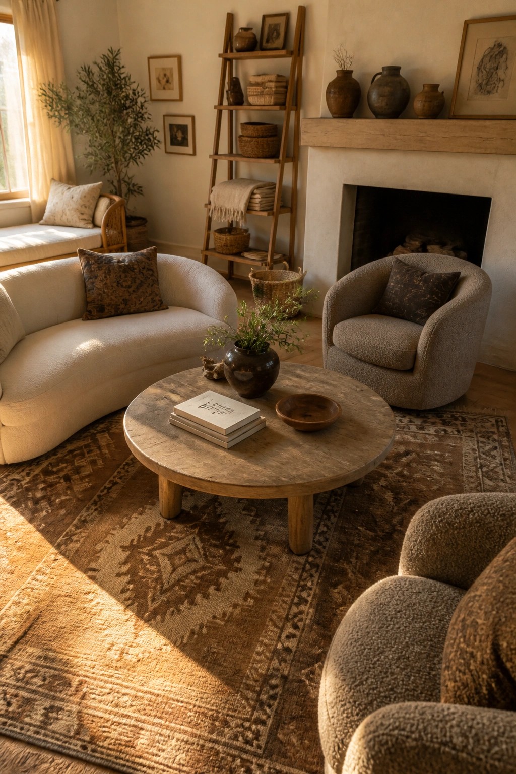 A living room with a cream curved sofa, taupe boucle armchairs, a round wooden coffee table on a patterned rug, and a fireplace mantel lined with pottery.