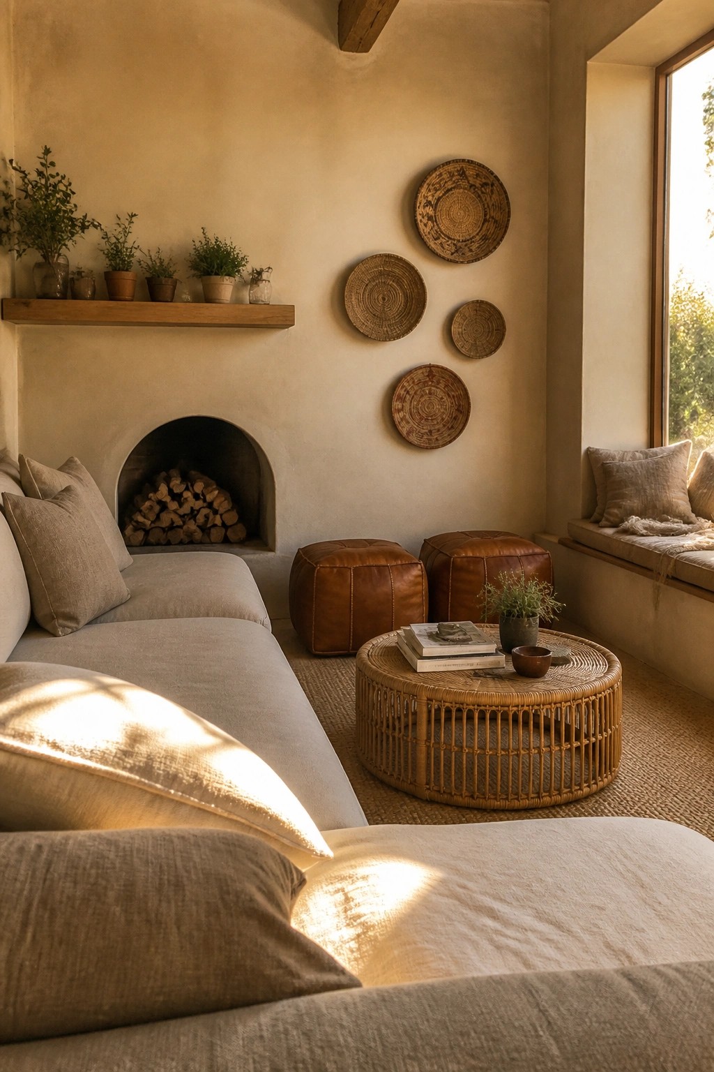 A neutral living room with a light linen sofa, arched fireplace, leather ottomans, round rattan coffee table, and woven baskets mounted on a beige wall.
