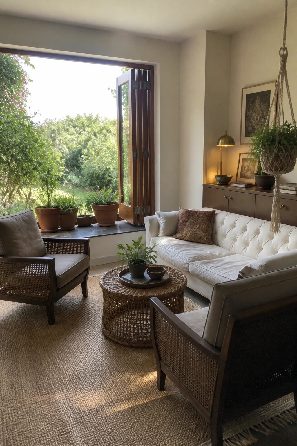 Cozy living room with white sofa, rattan chairs, woven table, and open garden window.