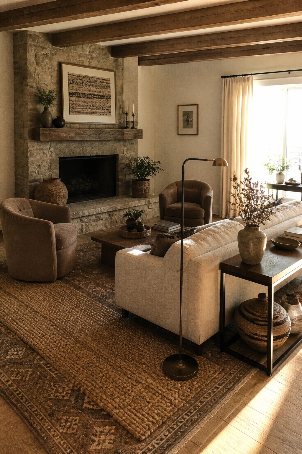 A neutral living room featuring a stone fireplace, brown upholstered armchairs, a light sofa, wooden beams, and layered woven rugs in taupe and cream tones.