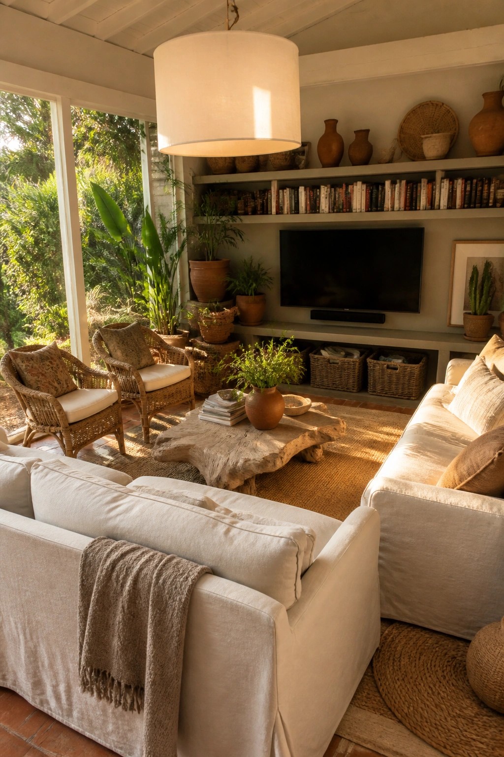A neutral living room featuring cream linen sofas, two wicker armchairs with patterned pillows, a live-edge wood coffee table, jute rugs, and built-in shelves with books and pottery.