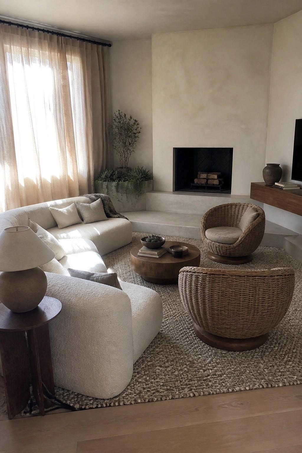 A neutral living room featuring a white sectional sofa, two woven rattan swivel chairs, a round wooden coffee table on a large jute rug, and a fireplace set into a plaster wall.